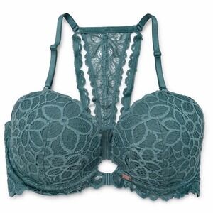 Victoria Secret PINK Lace Racerback Push Up‎ Bra 32DD Teal Front Close Boho Sexy